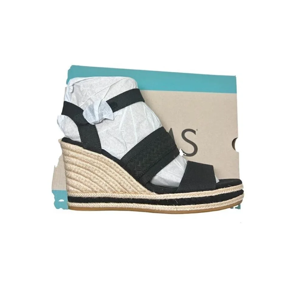 Toms Womens Black Triple Band Peep Toe Ankle Straps Wedge Sandals Sz 10 New